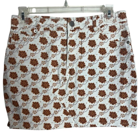 Forever 21 Women's M Denim Skirt White‎ Floral Retro 70s Style Mini High Waisted - Picture 1 of 4